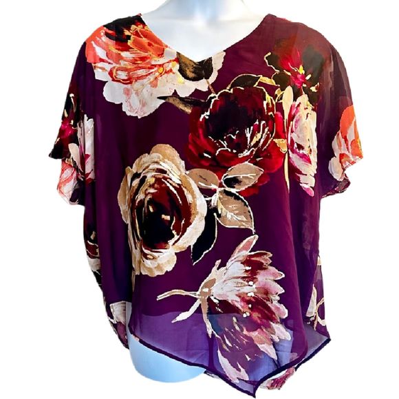 Roz & Ali Tops - 3 for $15 Roz & Ali Plus Size 1X Plum Floral Boho Asymetrical 2 layer Blouse